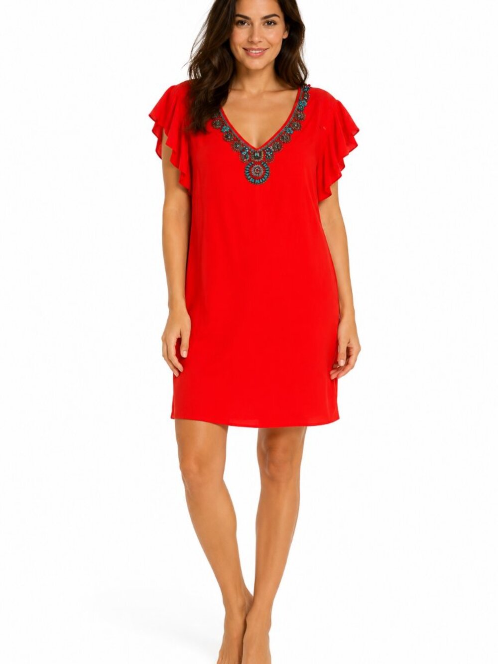 DEXTEE Italia Red Beaded V-Neck Flutter Sleeve Boho Tunic Top Dress 46